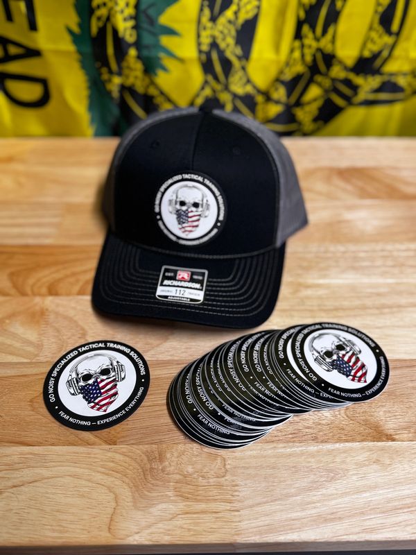 Black cap and stickers featuring a skull with an American flag face mask.
