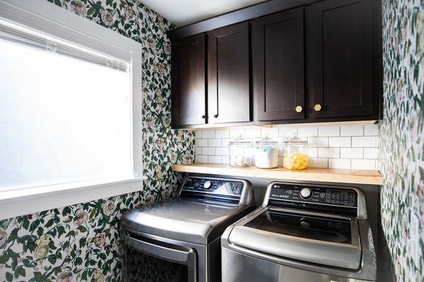 Laundry Room with DIY Subway Tile and Shelf and Opal House Wallpaper