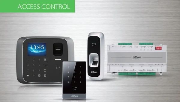 The image displays various access control devices, including a large rectangular control panel