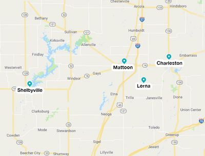 East Central IL
Charleston, Illinois
Mattoon, Illinois
Lerna, Illinois
Shelbyville, Illinois