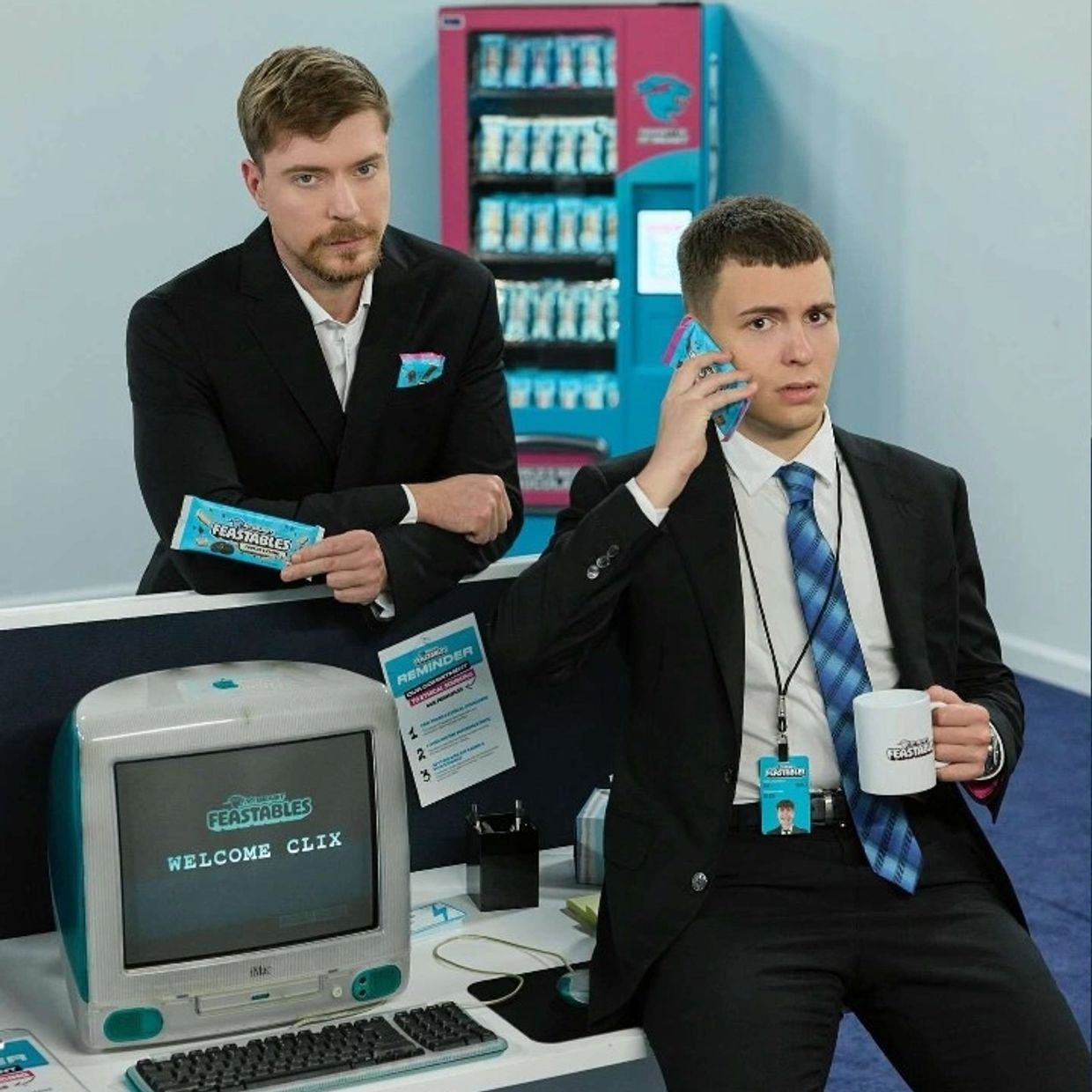 MrBeast and Clix with an iMac G3 computer