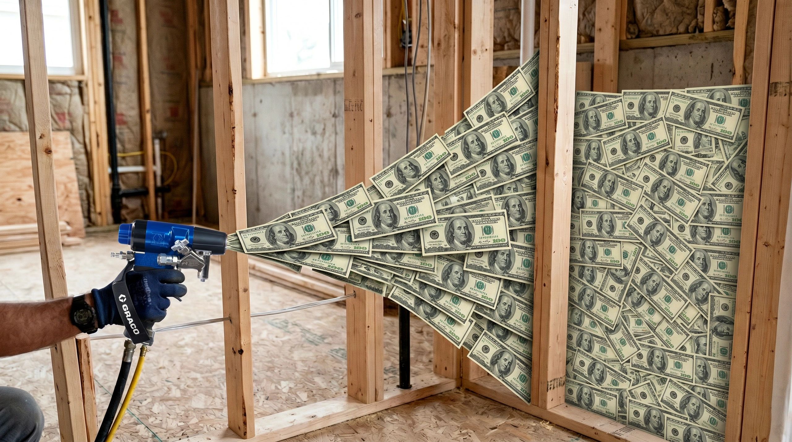 Spray Foam Gun spraying money into a wall cavity