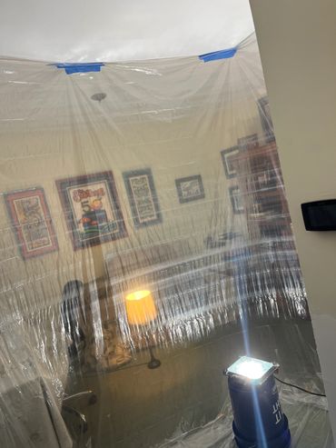 Plastic sheet covers room, taped to ceiling.
