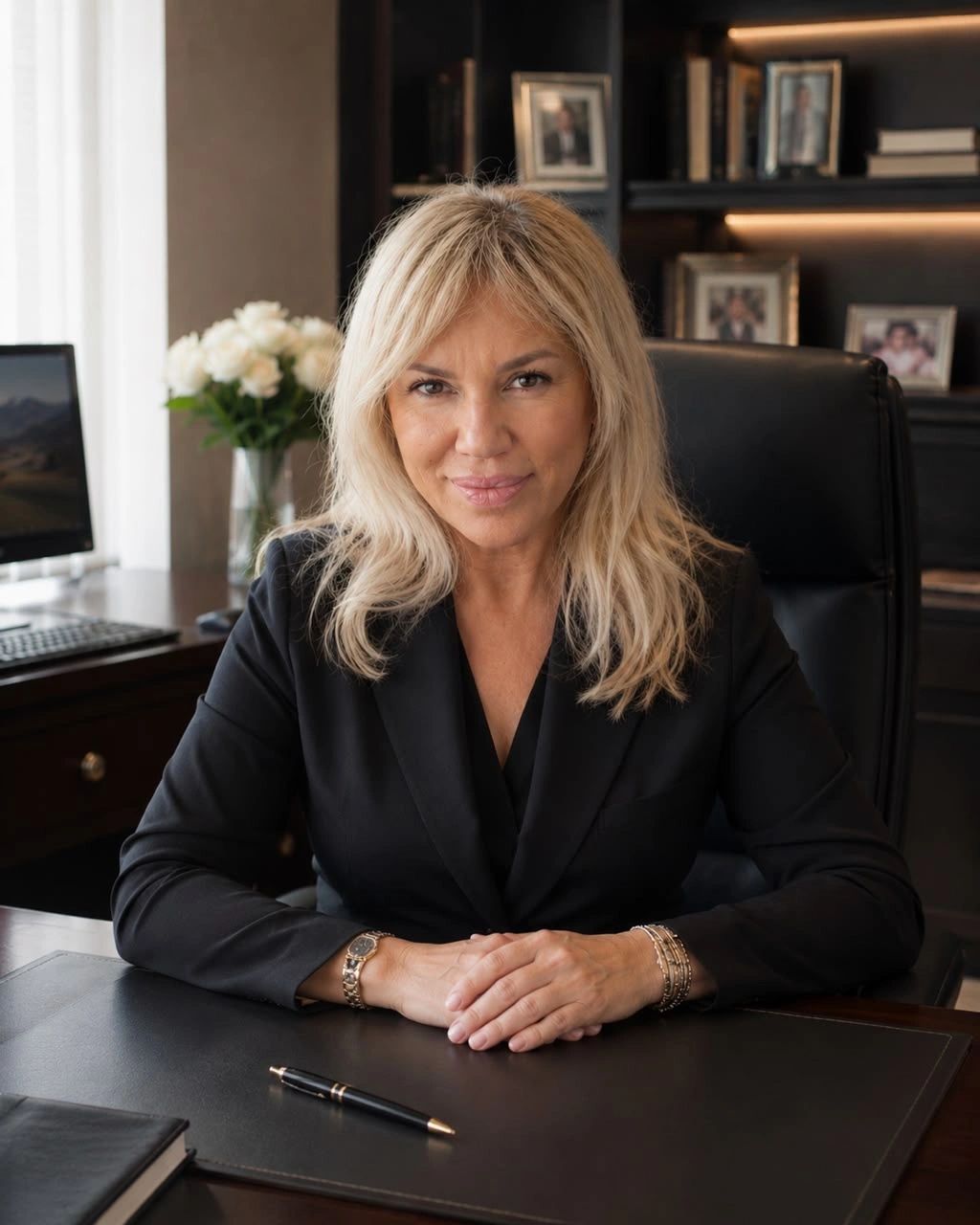 Professional woman in office sitting confidently at desk.