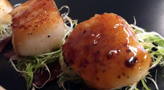 Sous Vide then seared Scallops with a Raspberry-Chipotle Glaze on Micro-Greens/Sprouts