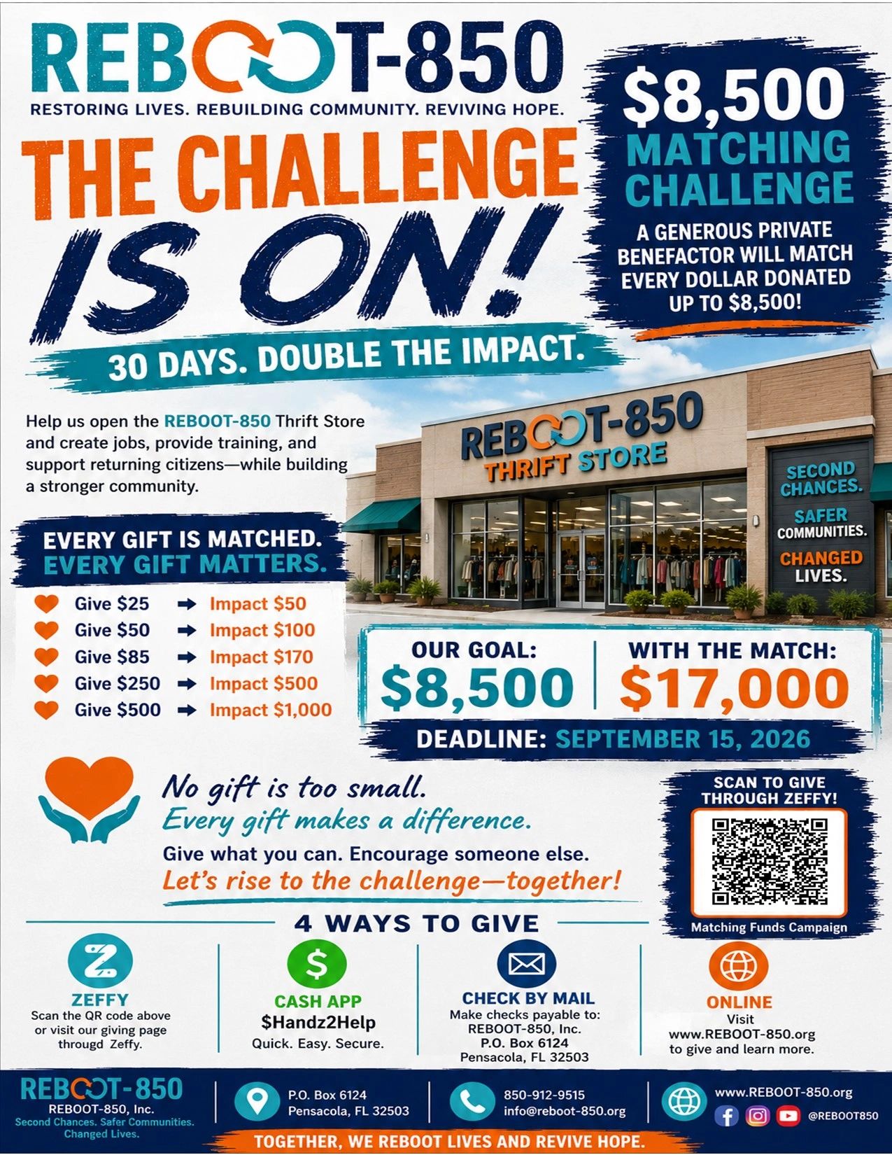 Reboot-850 challenges donations with $8,500 matching for a thrift store opening.