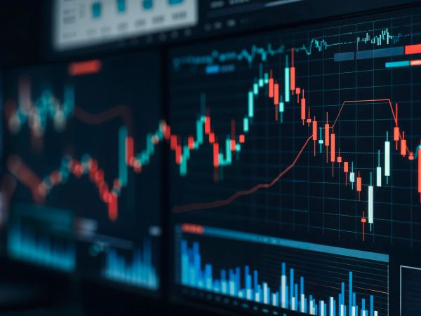 Candlestick and bar charts on a digital screen showing financial data.