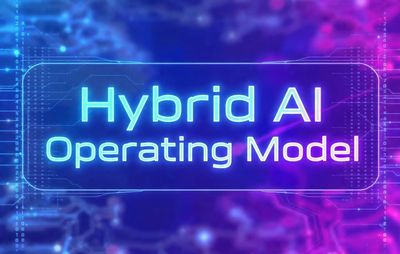 Image that says "Hybrid Operating Model" over a blue & purple high tech background