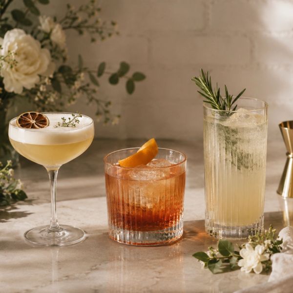 Three elegant cocktails with garnishes on a marble table.