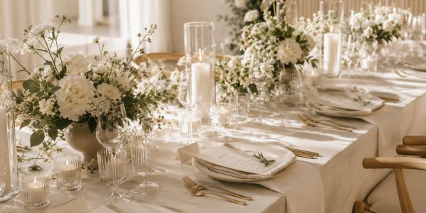 Elegant table setting with white flowers and candles.
