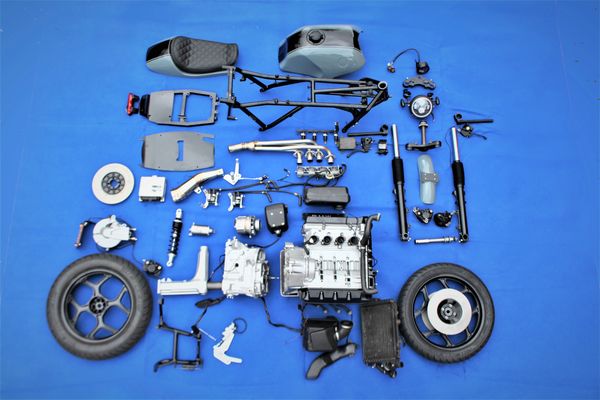 BMW K100 Cafe racer parts birdseye parts view. Grey with black stripe built by ASE Custom Motorcycle