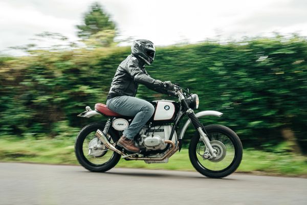 BMW R80 Custom Scrambler riding shot