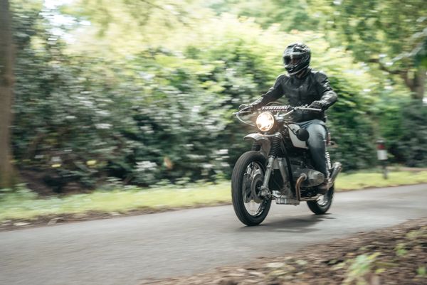 BMW R80 Retro custom Scrambler riding shot