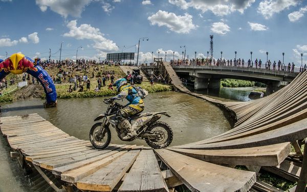 Husaberg enduro motorcycle at the finish line of Redbull Romaniacs
