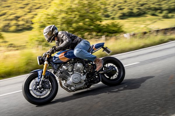 Custom Yamaha XV920 motorcycle riding in Snowdonia national park