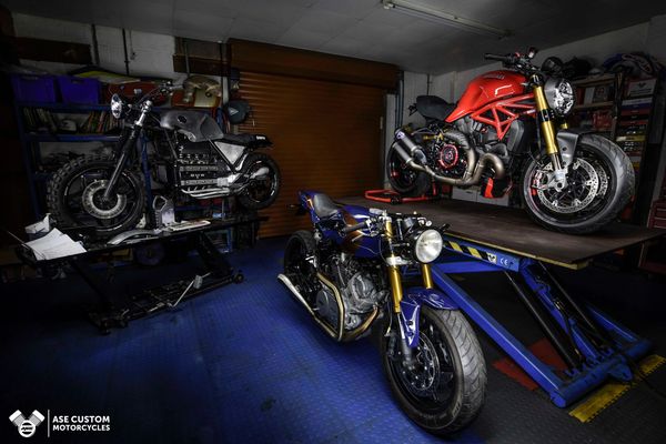 BMW K100 scrambler, Ducati Monster1200S and "Alpha" Yamaha Virago XV920 cafe racer