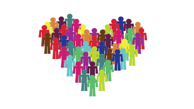 Colorful human figures forming a heart shape representing our spiritual community.