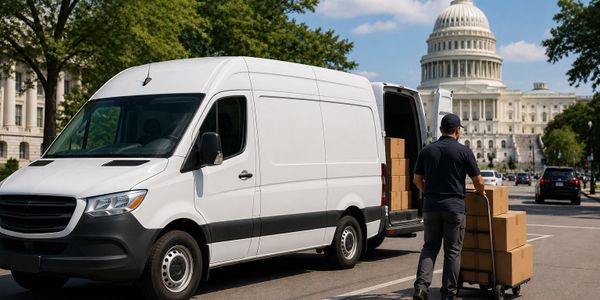 Delivery worker unloads packages from van near U.S. Capitol.