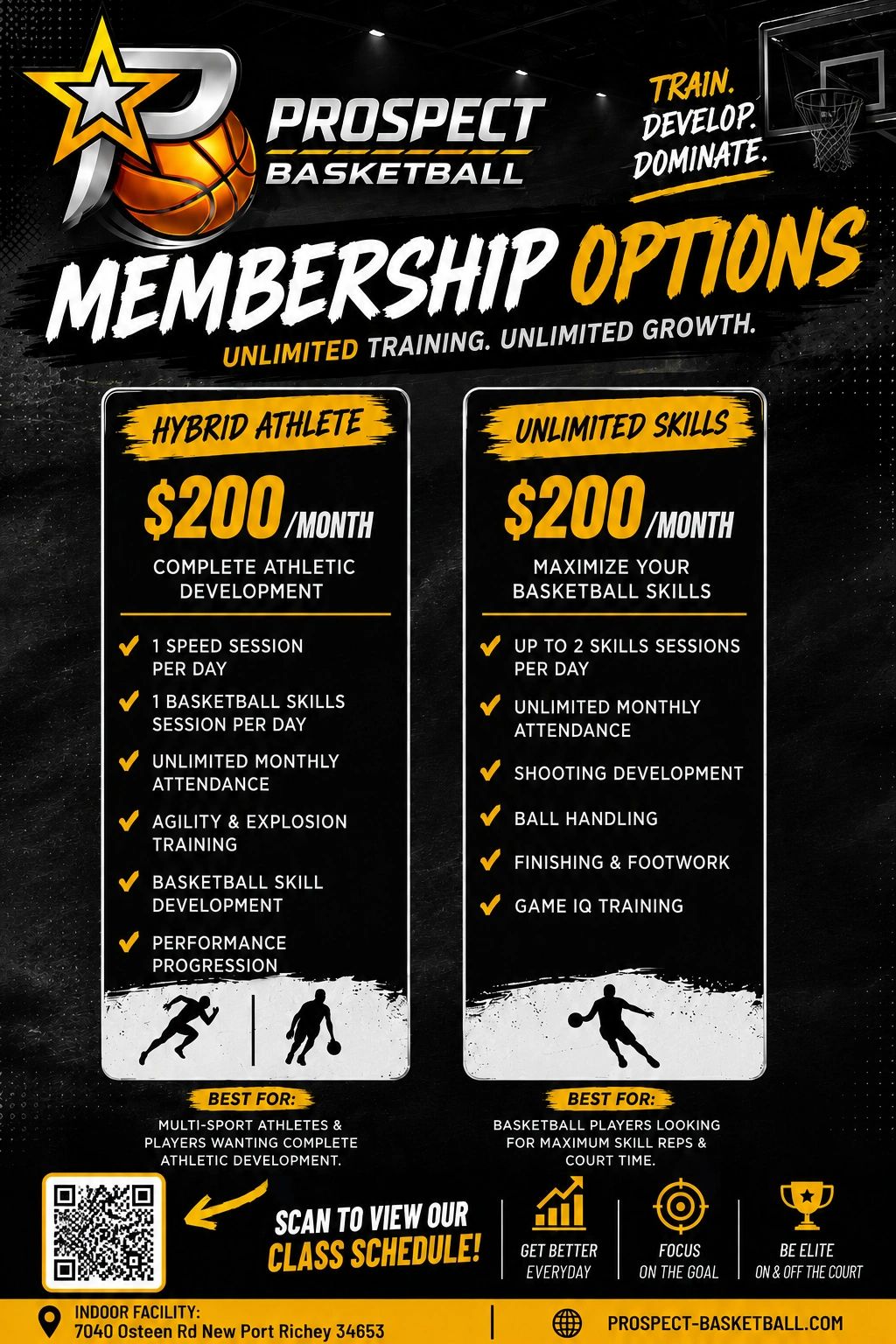 Prospect Basketball membership options for $200/month with hybrid athlete or unlimited skills plans.