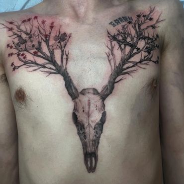 black and gray chest tattoo deer skull with branches