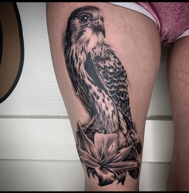 black and gray realism hawk tattoo