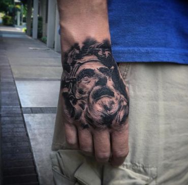 greek god Poseidon black and gray realism hand tattoo