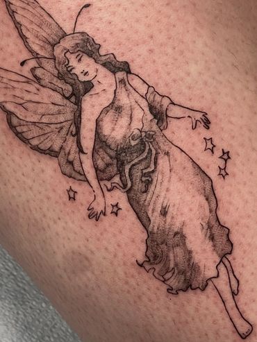 black and gray fine line fairy tattoo