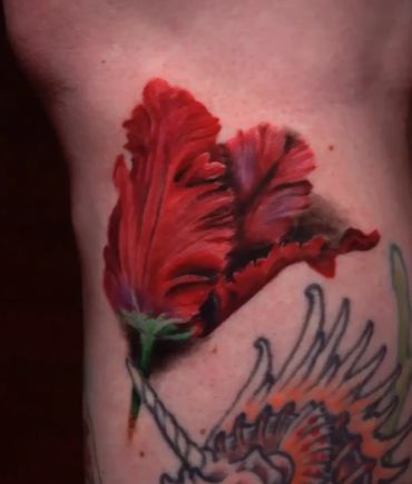 painterly color realism tattoo of a red parrot tulip