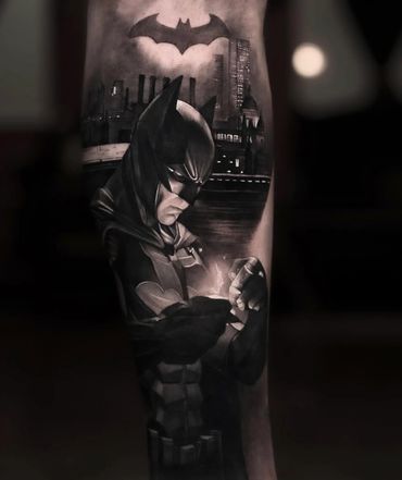 ultra smooth black and gray hyperrealistic batman tattoo