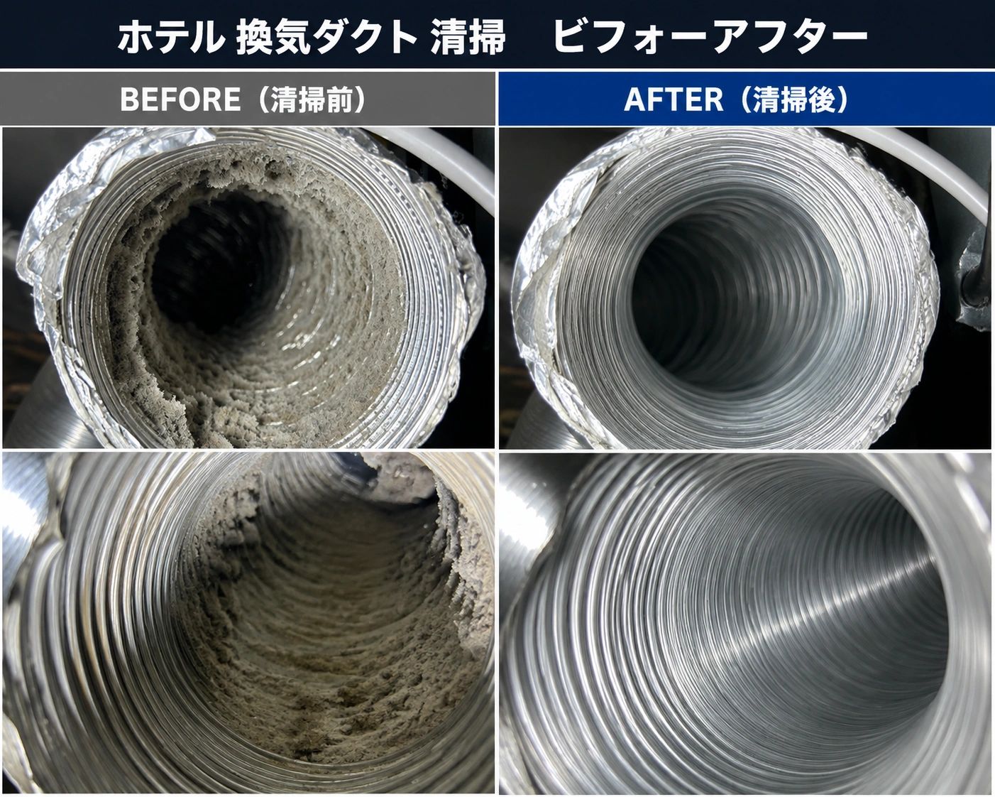 ホテル換気ダクトの清掃前後の比較画像。
