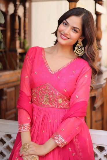 New arrival Premium readymade gown with dupatta set russian silk embroidery zari work dress