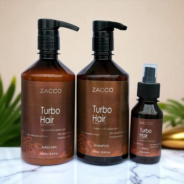 Zacco Turbo Hair treatment products including máscara, shampoo, and tônico on a marble surface.