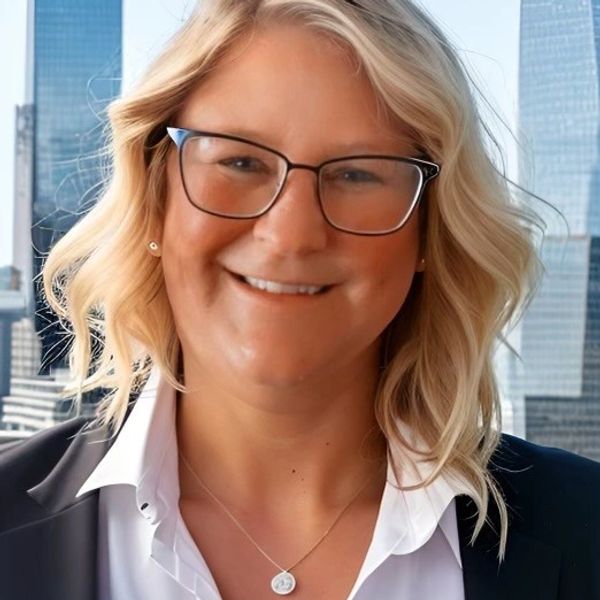 Smiling woman with glasses and wavy blonde hair in business attire.