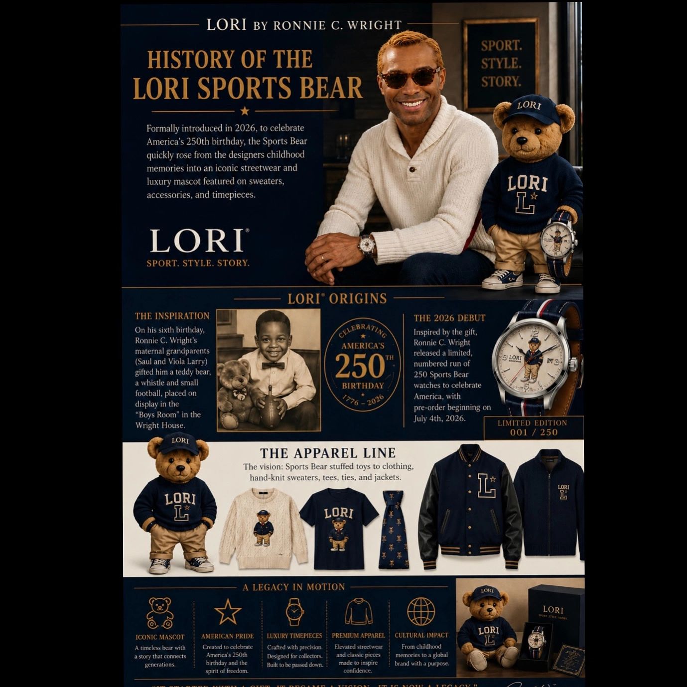 Ronnie C. Wright introduces the Lori Sports Bear, a luxury mascot for America's 250th birthday.