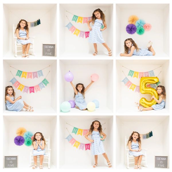 Young girl celebrates her fifth birthday with colorful decorations and balloons.