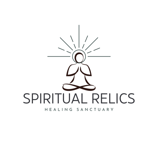 Spiritual Relics Healing Sanctuary logo, black and white being in a seated position, light beams