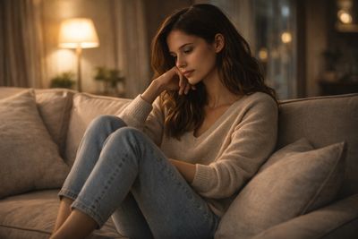 A woman in a cozy sweater sitting thoughtfully on a couch in warm lighting.