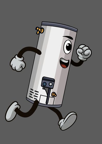 Cartoon water heater with arms and legs running happily.