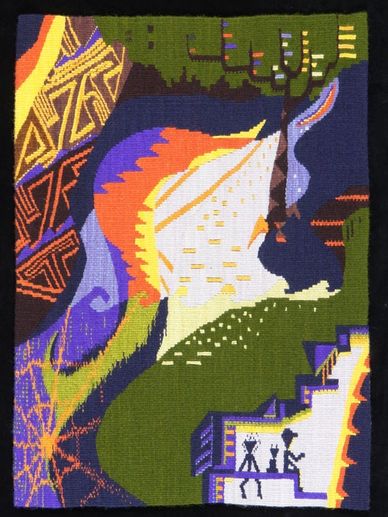 Colorful abstract textile art with geometric patterns and human silhouettes.