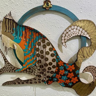 Decorative painted leather sculpture, "Lady Madeline from the Marshes", 23" x 19" x 3", $125