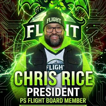 Chris Rice, PS Flight Board Member and President, in vibrant green-themed promotional image.