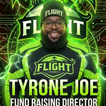 Tyrone Joe, Fund Raising Director, wearing Flight gear with a glowing green background.