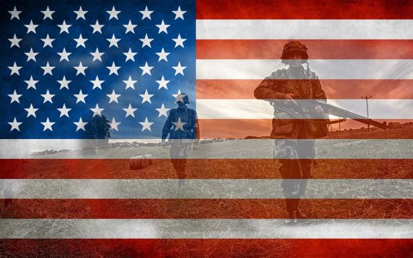American Flag with soldiers