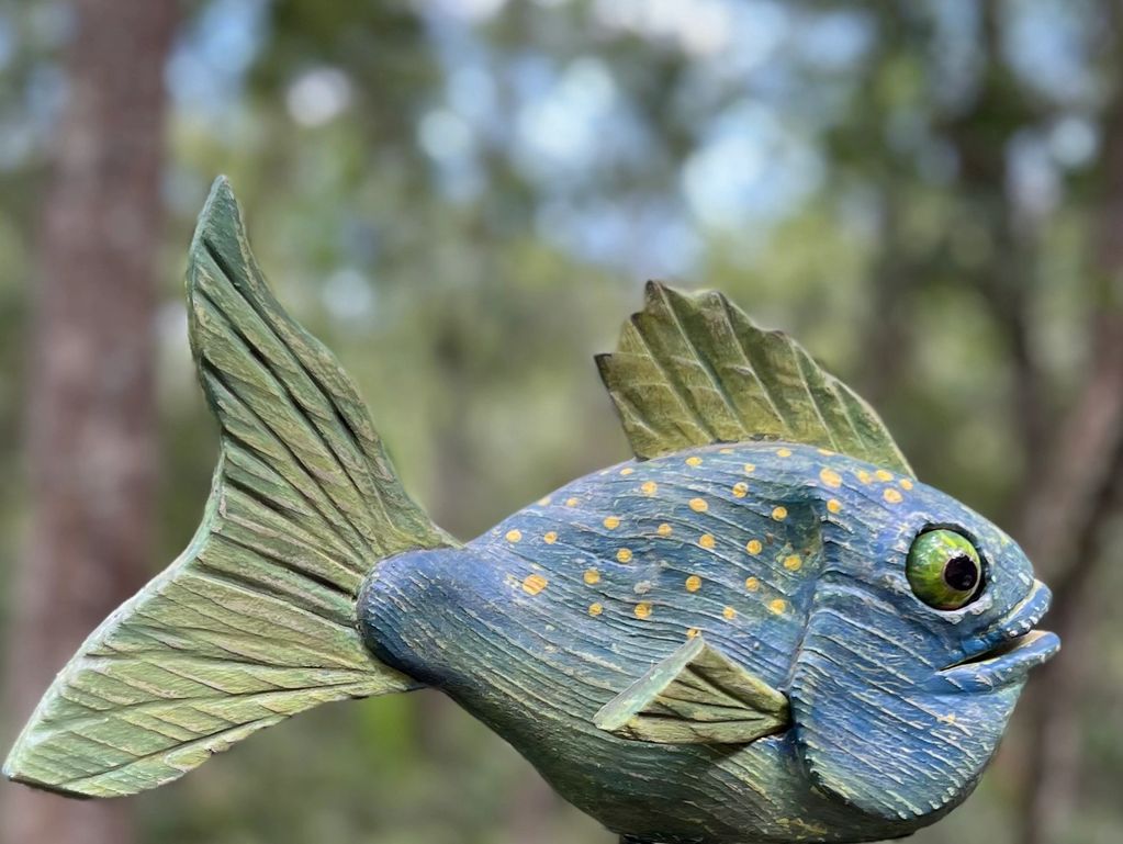 Craft fish made from a full 3" chunk of cypress.