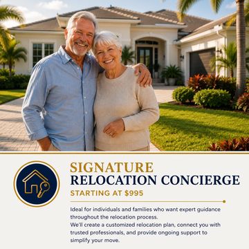Happy senior couple in front of their new home for relocation concierge service.