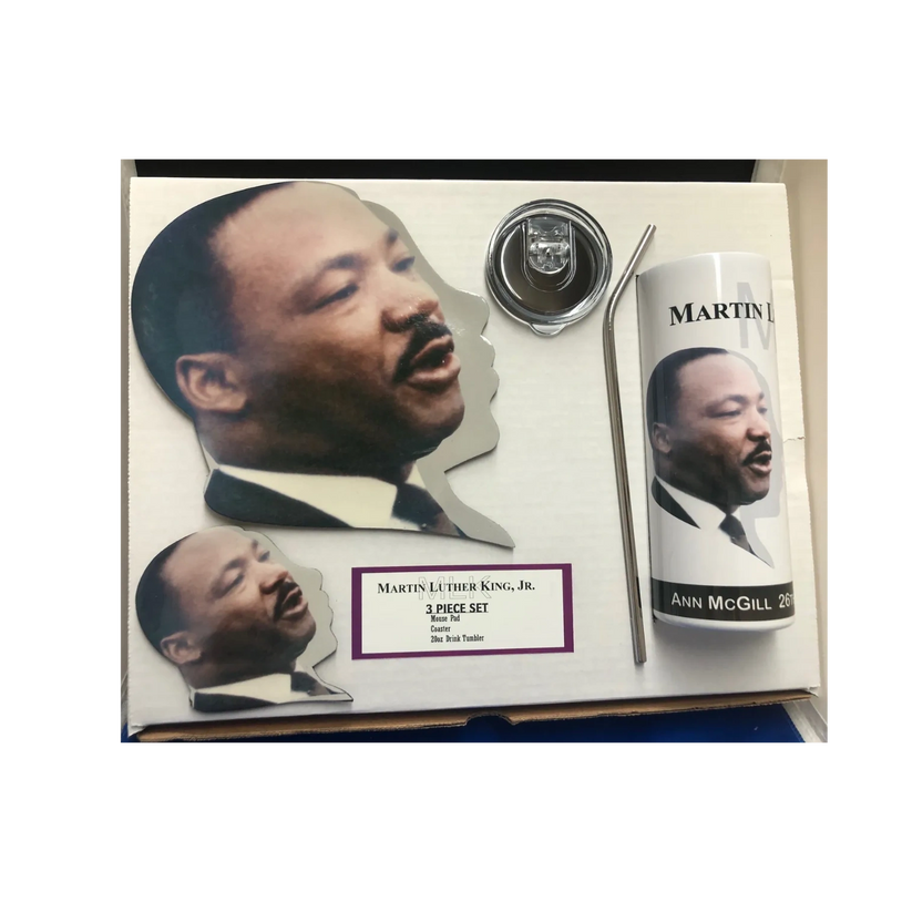 MLK Mousepad Set. Mousepad and Coaster in the silhouette shape of MLK with matching Tumbler or Mug