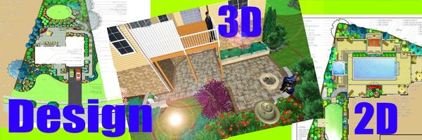 Landscape design showcasing 2D and 3D garden layouts with plantings and structures.
