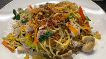 A colorful plate of stir-fried noodles with chicken, vegetables, and mushrooms.