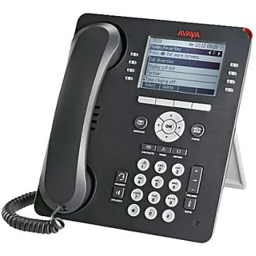 Black Avaya office desk phone with screen and keypad.
