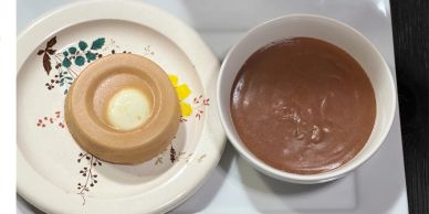 A bowl of chocolate pudding with a flan on a floral plate.